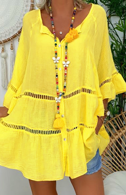 Women's 3/4 sleeve Top Dress -Neck Loose Buttons