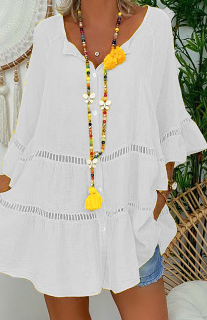 Women's 3/4 sleeve Top Dress -Neck Loose Buttons