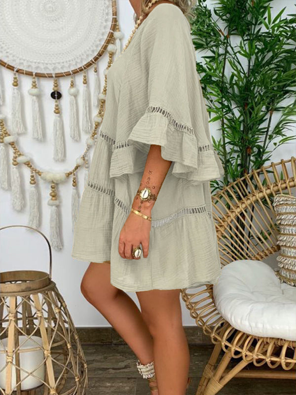Women's 3/4 sleeve Top Dress -Neck Loose Buttons
