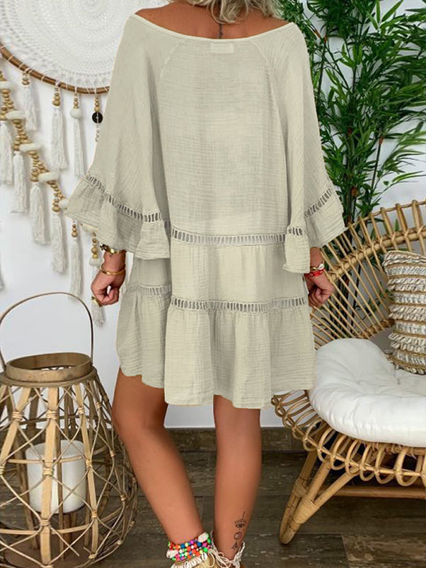 Women's 3/4 sleeve Top Dress -Neck Loose Buttons