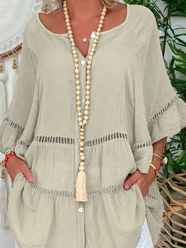 Women's 3/4 sleeve Top Dress -Neck Loose Buttons