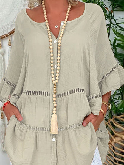 Women's 3/4 sleeve Top Dress -Neck Loose Buttons