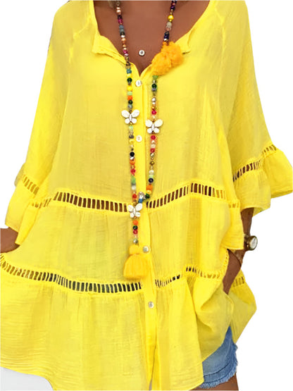 Women's 3/4 sleeve Top Dress -Neck Loose Buttons
