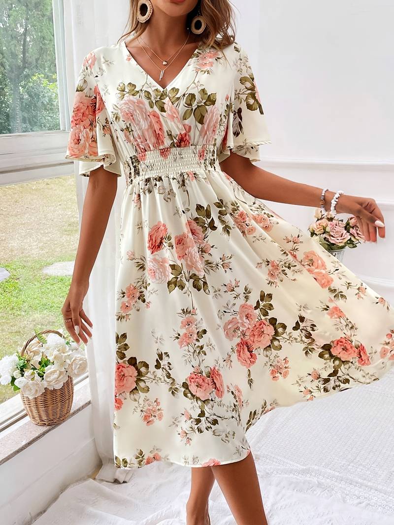 Women's A-line Dress Flower Print V-neck Cotton