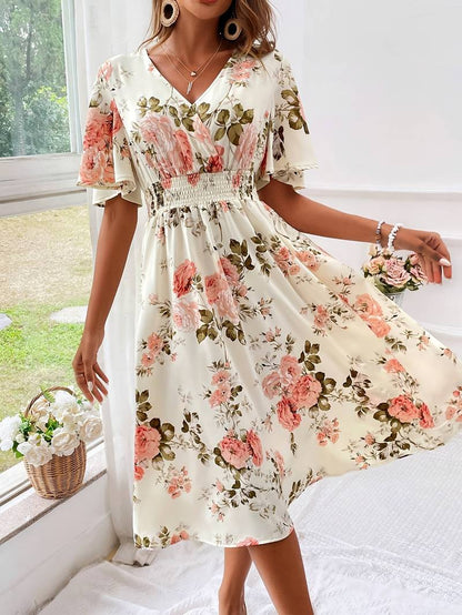 Women's A-line Dress Flower Print V-neck Cotton