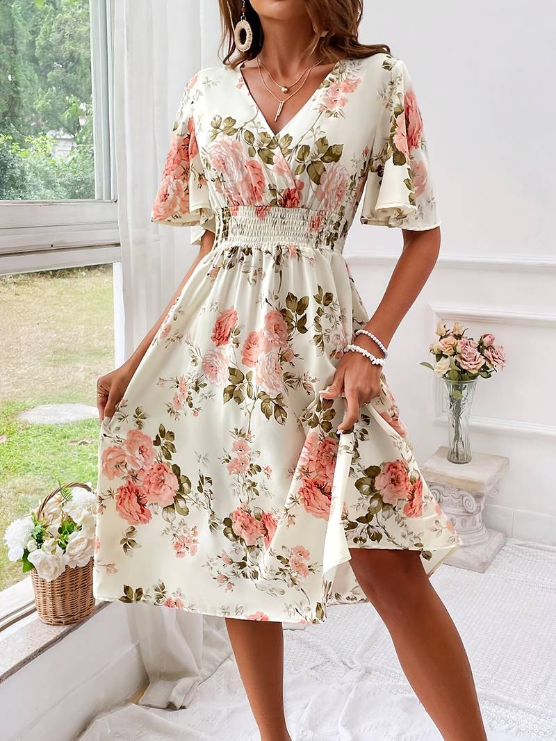 Women's A-line Dress Flower Print V-neck Cotton