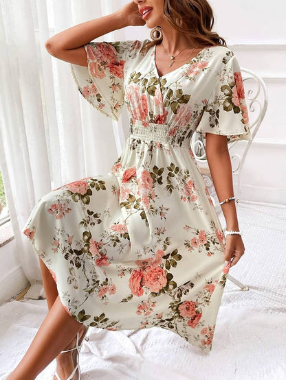 Women's A-line Dress Flower Print V-neck Cotton