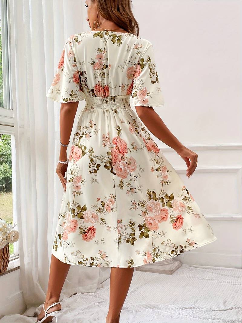 Women's A-line Dress Flower Print V-neck Cotton