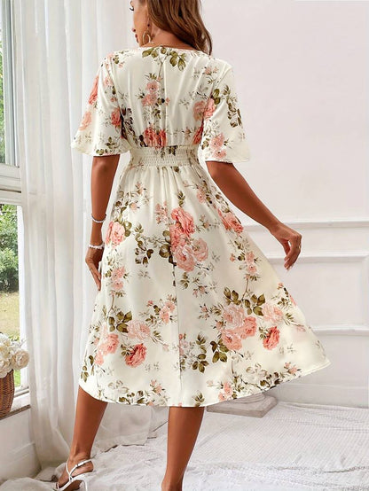 Women's A-line Dress Flower Print V-neck Cotton