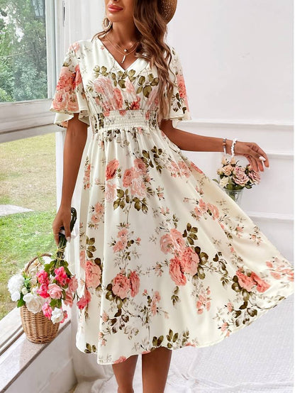 Women's A-line Dress Flower Print V-neck Cotton