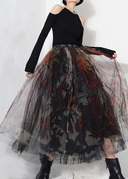Women's A-line Lace Skirt with Black Print