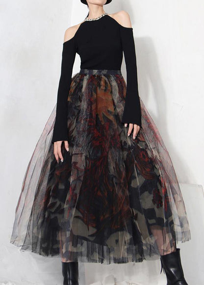 Women's A-line Lace Skirt with Black Print