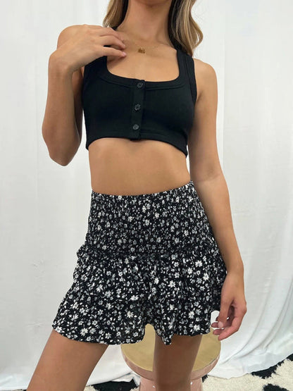 Women's A-line Skirt With Wrinkles and Floral Print