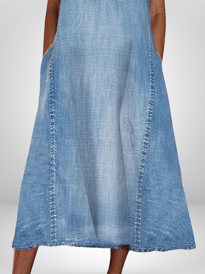 Women's A-line Summer Dress Sleeveless V-neck Denim Look