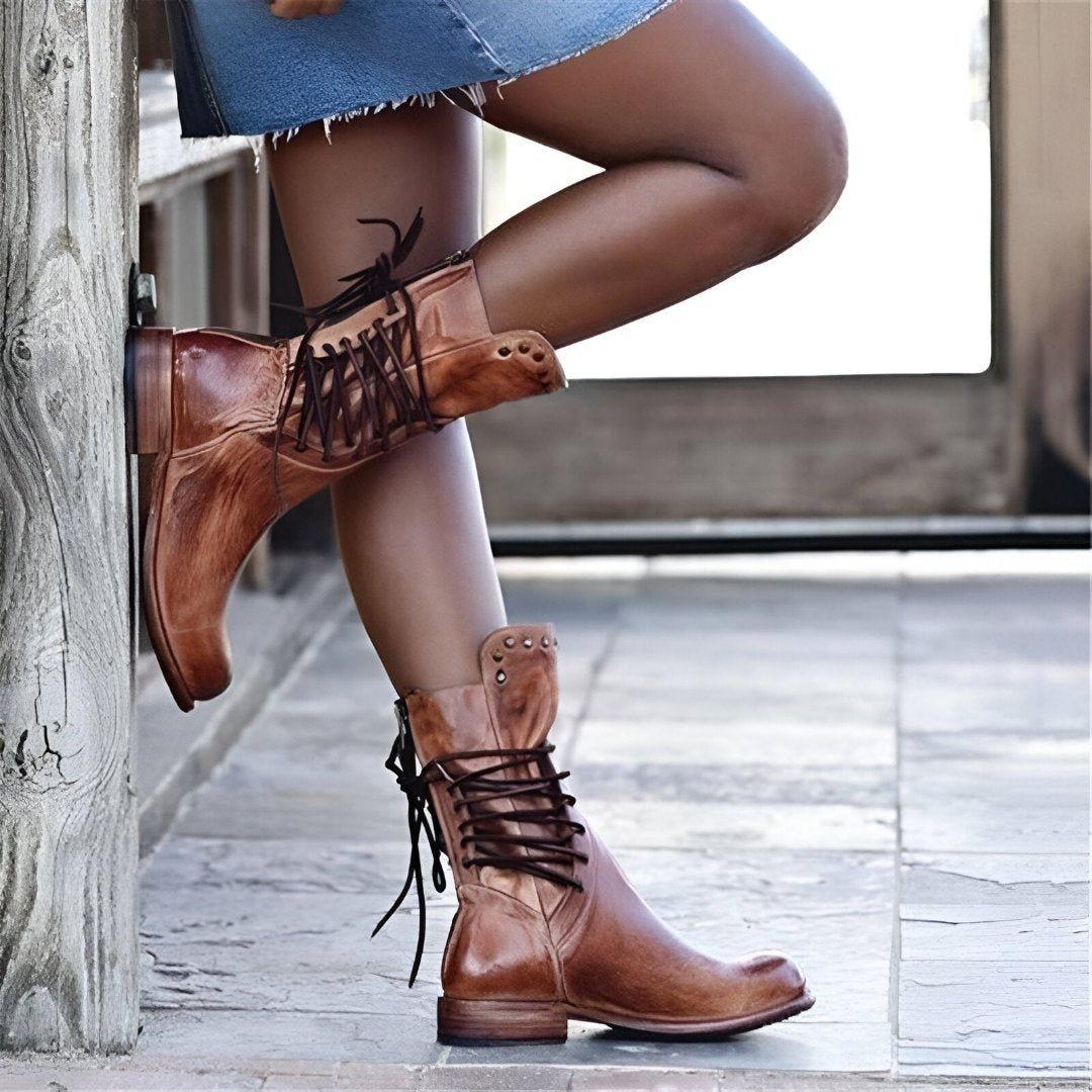 Women's Ankle Boots Leather Style Laces Classic Black