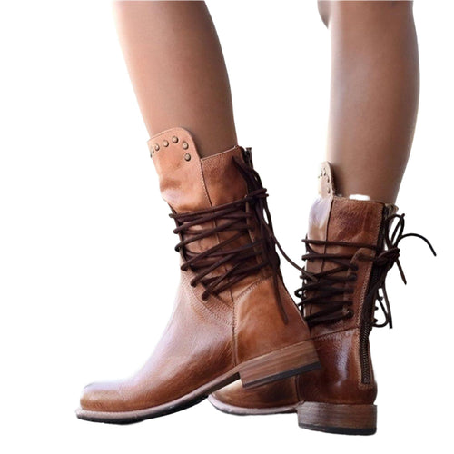Women's Ankle Boots Leather Style Laces Classic Black