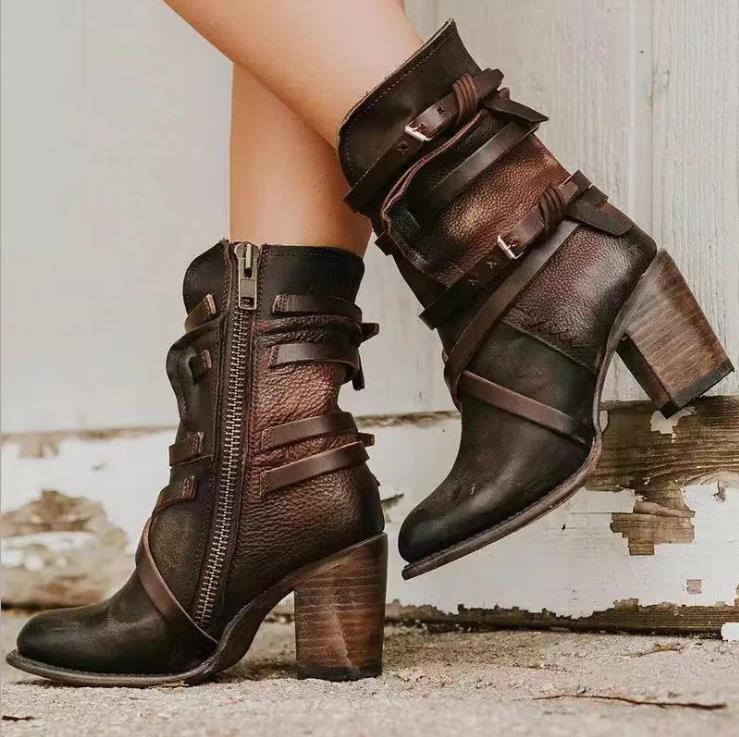 Women's Ankle Boots with Thick Heel and Weathered Detail