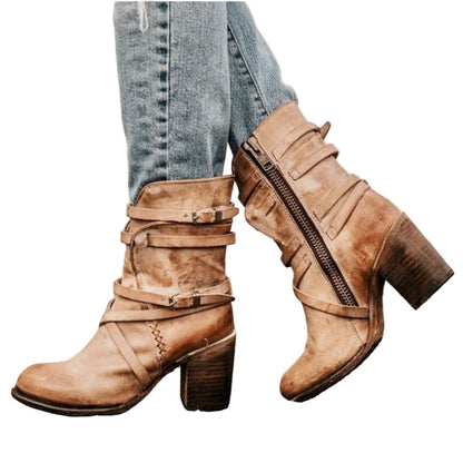 Women's Ankle Boots with Thick Heel and Weathered Detail