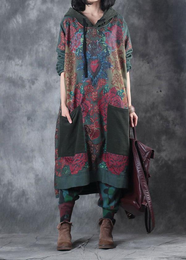 Women's Art Dress with Hood and Drawstring in Green Print