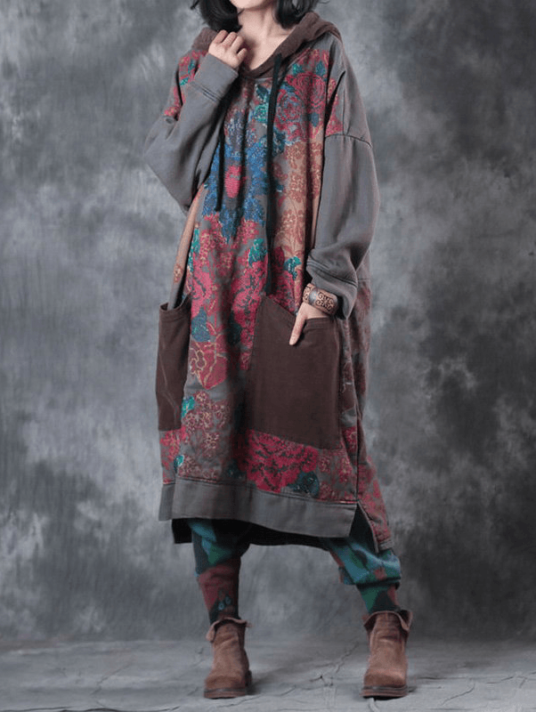 Women's Art Dress with Hood and Drawstring in Green Print