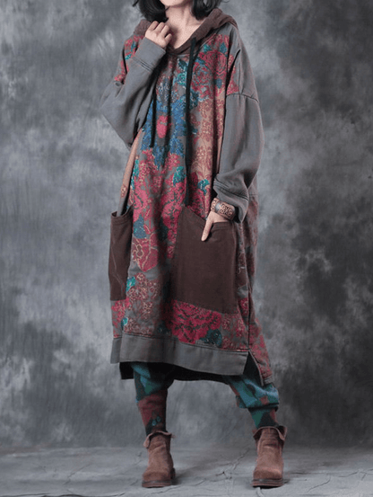 Women's Art Dress with Hood and Drawstring in Green Print