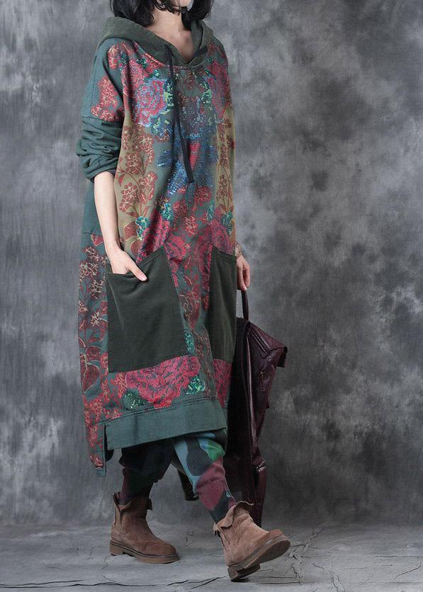 Women's Art Dress with Hood and Drawstring in Green Print