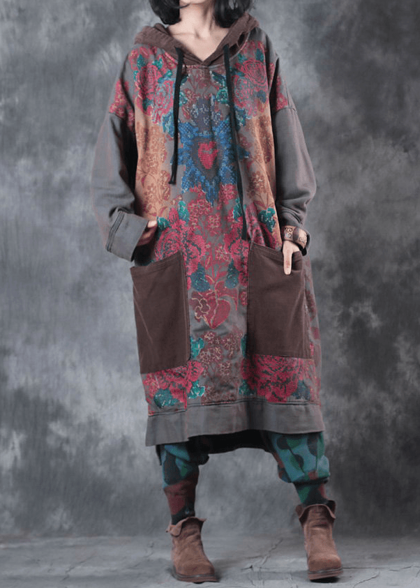 Women's Art Dress with Hood and Drawstring in Green Print
