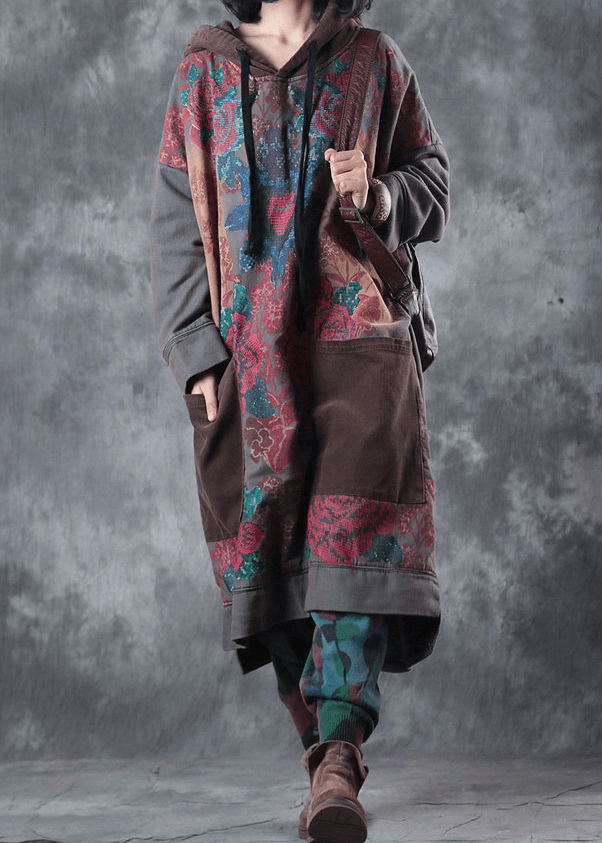 Women's Art Dress with Hood and Drawstring in Green Print