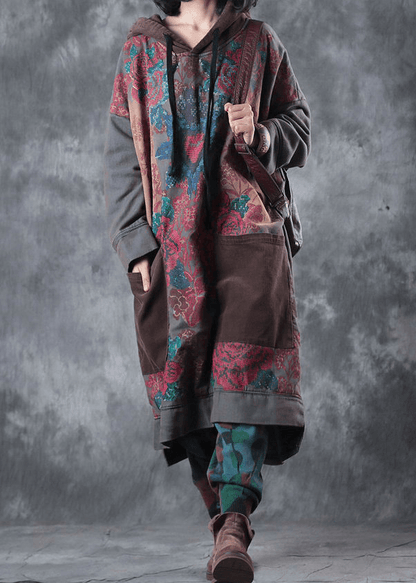 Women's Art Dress with Hood and Drawstring in Green Print
