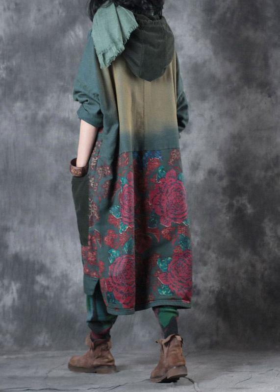 Women's Art Dress with Hood and Drawstring in Green Print