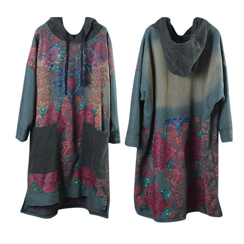 Women's Art Dress with Hood and Drawstring in Green Print