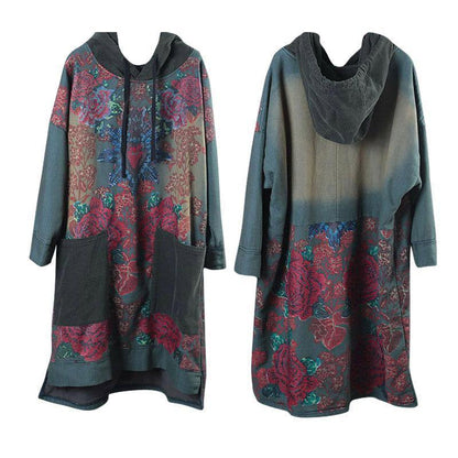 Women's Art Dress with Hood and Drawstring in Green Print