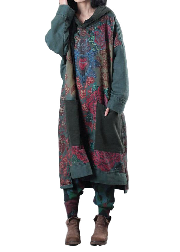 Women's Art Dress with Hood and Drawstring in Green Print