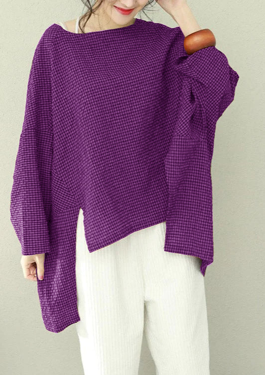 Women's Asymmetric Cotton Top with Checkered Pattern