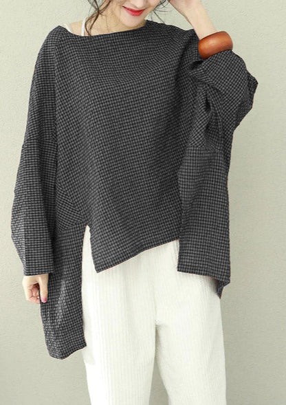 Women's Asymmetric Cotton Top with Checkered Pattern