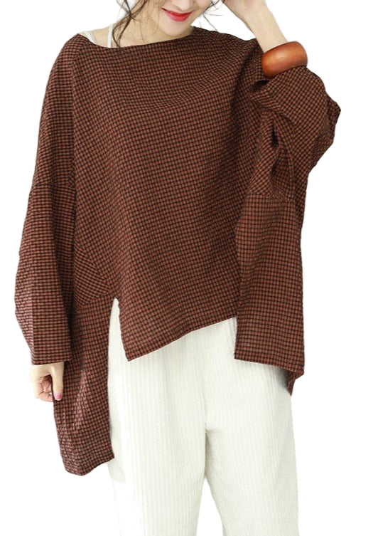 Women's Asymmetric Cotton Top with Checkered Pattern