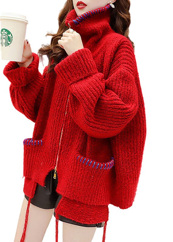 Women's Asymmetric Winter Sweater Jacket Red