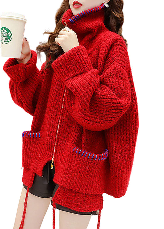 Women's Asymmetric Winter Sweater Jacket Red