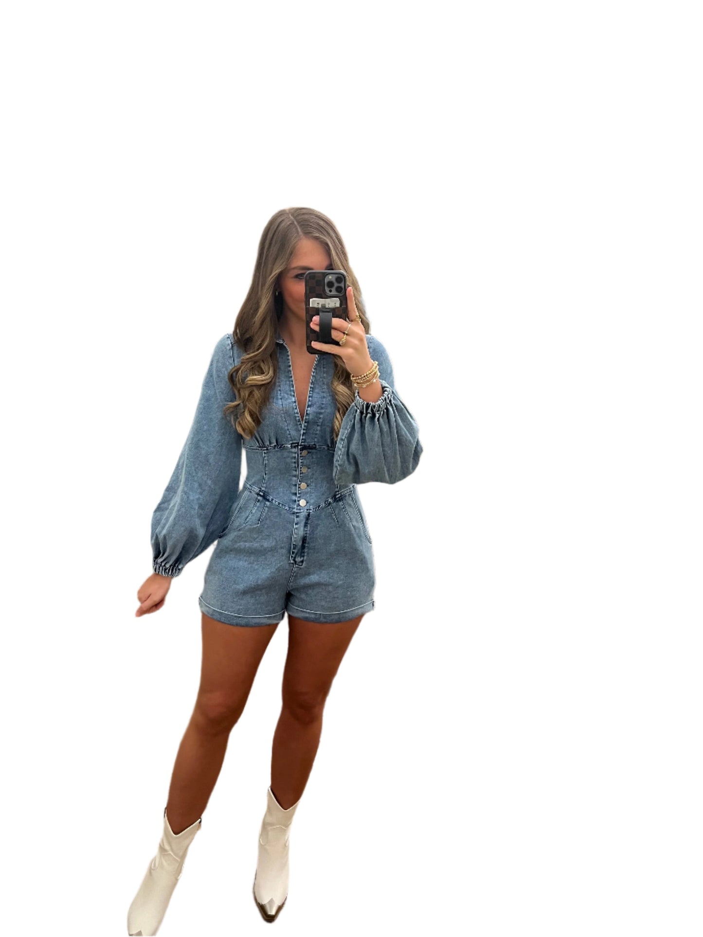 Women's Balloon-sleeved, long-sleeved Denim Romper