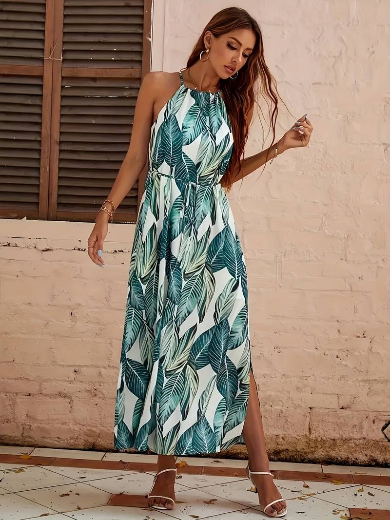 Women's Beach Dress Neckholder Tropical Leaf Pattern Airy Polyester