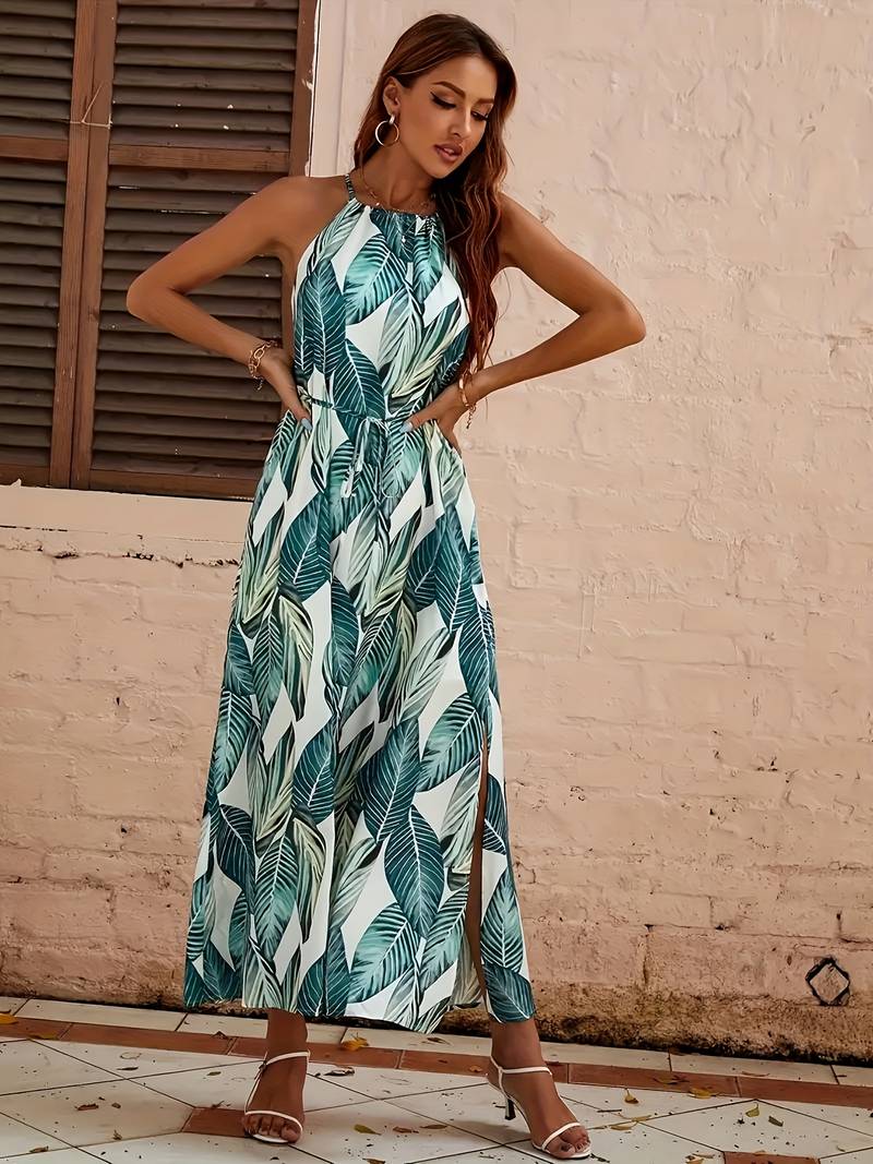 Women's Beach Dress Neckholder Tropical Leaf Pattern Airy Polyester