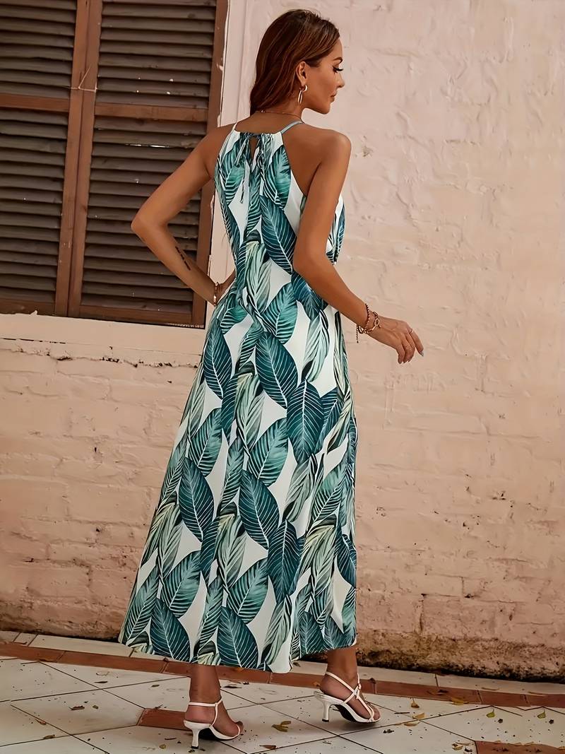 Women's Beach Dress Neckholder Tropical Leaf Pattern Airy Polyester