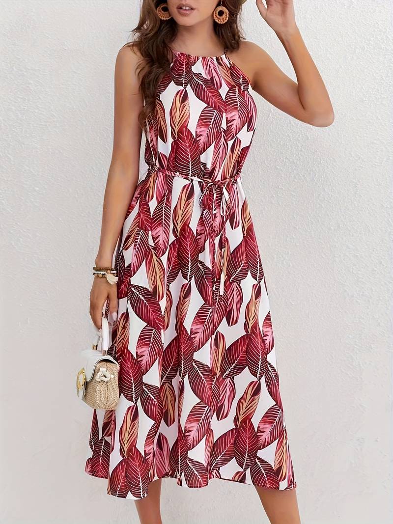 Women's Beach Dress Neckholder Tropical Leaf Pattern Airy Polyester