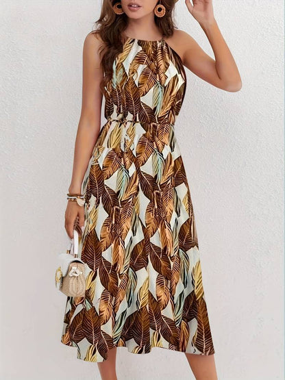 Women's Beach Dress Neckholder Tropical Leaf Pattern Airy Polyester