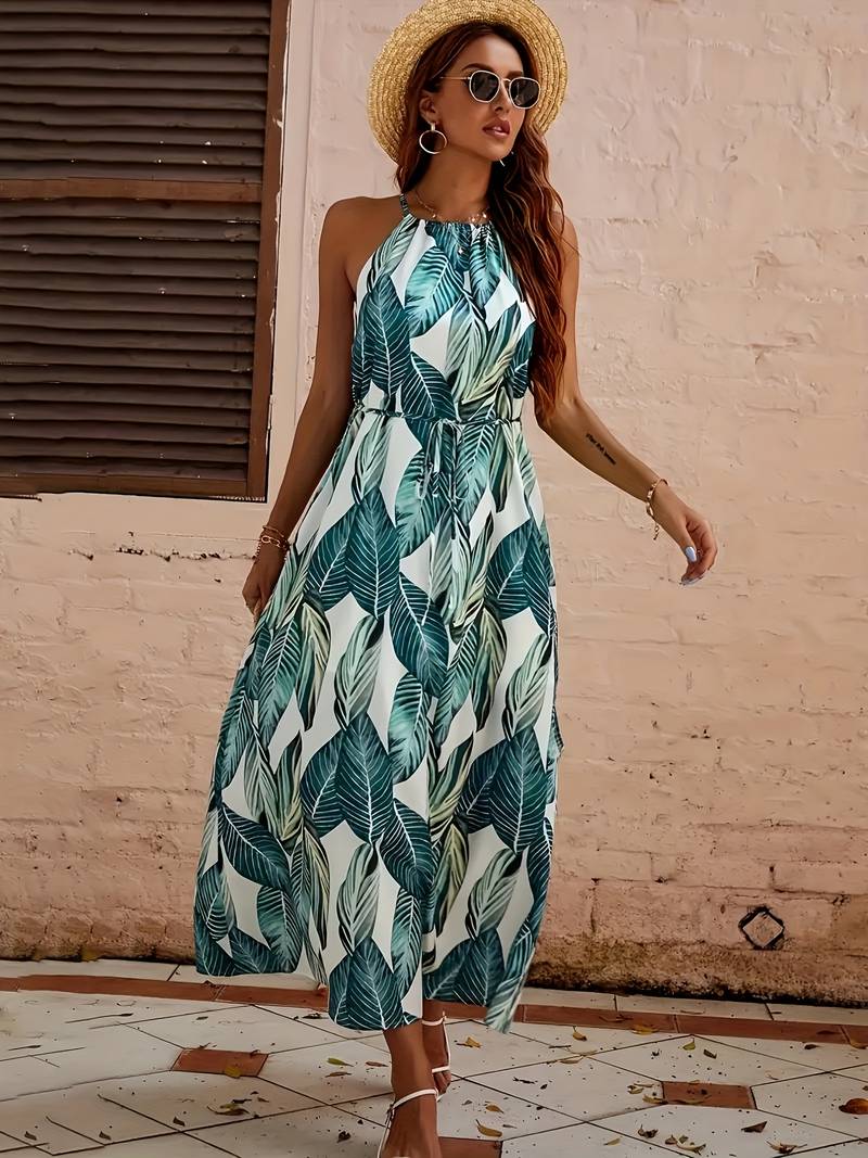 Women's Beach Dress Neckholder Tropical Leaf Pattern Airy Polyester