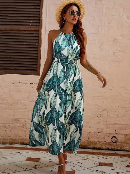 Women's Beach Dress Neckholder Tropical Leaf Pattern Airy Polyester