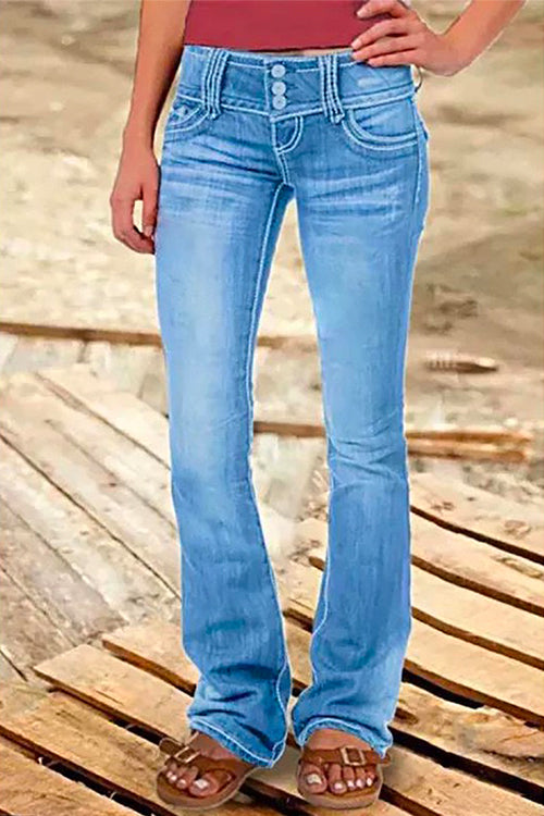 Women's Bell Bottom Jeans with Buttons and Pockets