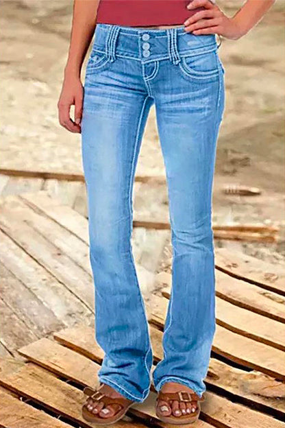 Women's Bell Bottom Jeans with Buttons and Pockets