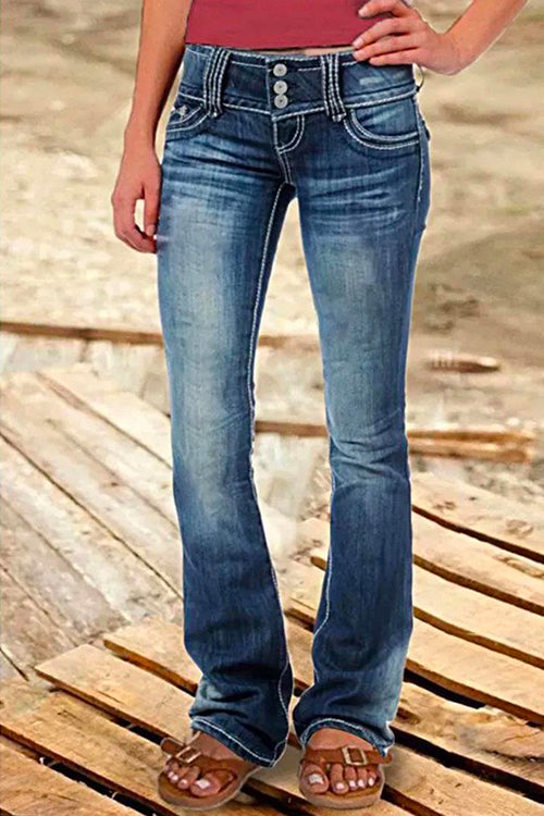 Women's Bell Bottom Jeans with Buttons and Pockets