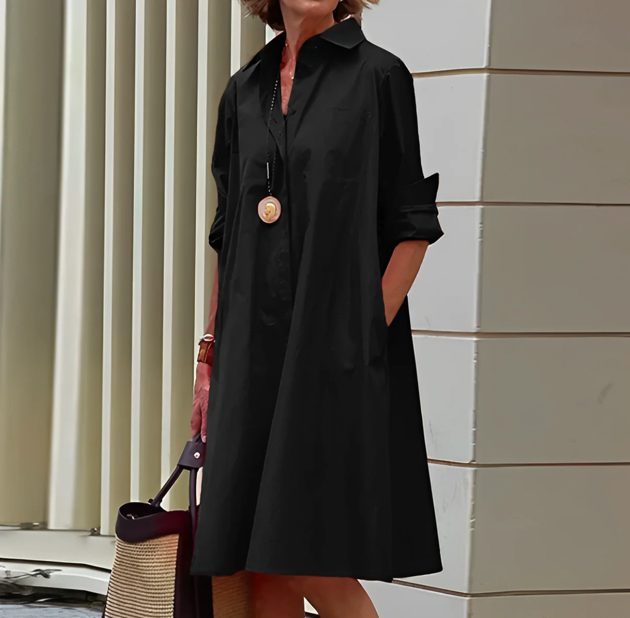 Women's Black Midi Dress Long Sleeves Airy Material Elegant Design